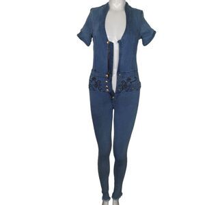 RAKKET Denim Jumpsuit, 3/XS, Light blue, Bodycon, Zip front, Skinny leg, Fitted